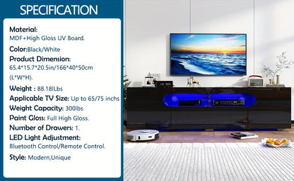 65IN LED TV Stand For 65/70/75inch TV, Modern Black TV Stand For Living Room, High Glossy TV Entertainment Center With Large Storage Drawer, APP RGB Light, TV Console, TV Cabinet (Black)