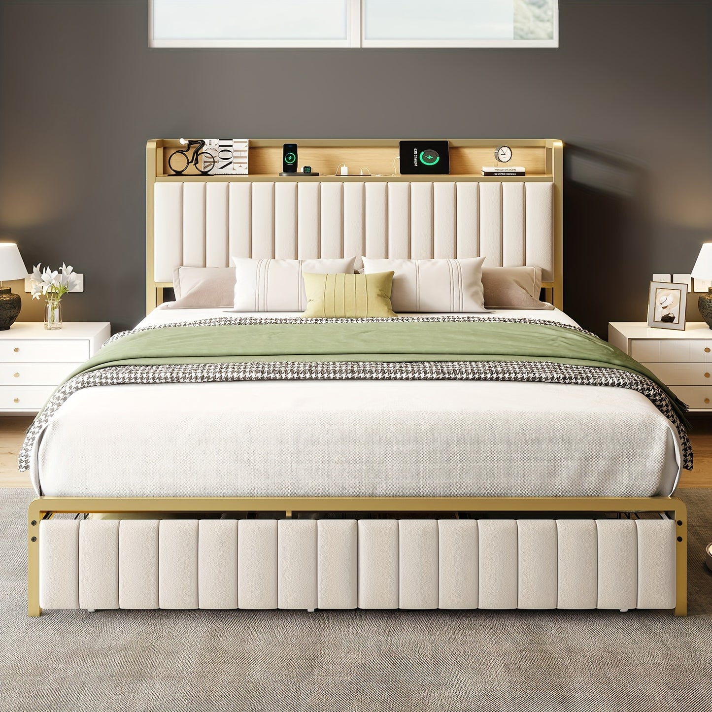 PaPaJet Upholstered Bed Frame with Sensor Light, Storage Headboard Bed with Drawer & Charging Station, No Box Spring Needed