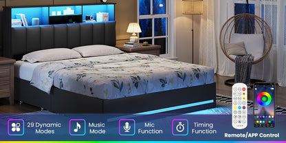 MSmask Queen Size LED Bed Frame with Storage Headboard, 4 Drawers & Bookcase - Contemporary Metal Design, RGB Lighting, Built-in Charging Station, Ideal for Modern Bedrooms