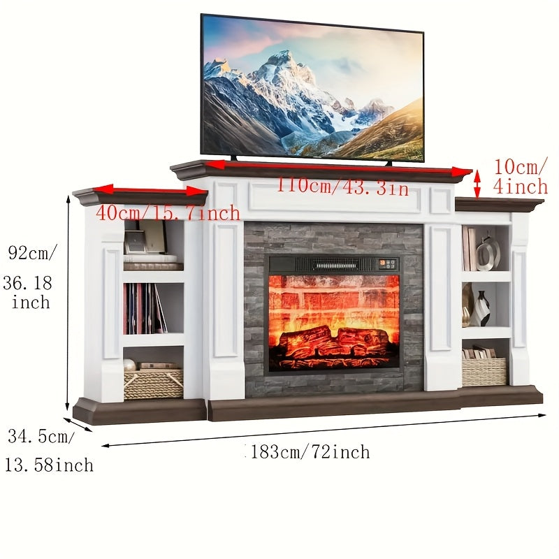 72" Electric Fireplace With Mantel, Fireplace TV Stand For 80" TV, Modern Entertainment Center With Storage, Wood Surround Free Standing Fireplace Heater With Remote Control, Logs, Adjustable Led Flame, For Living Room, Bedro
