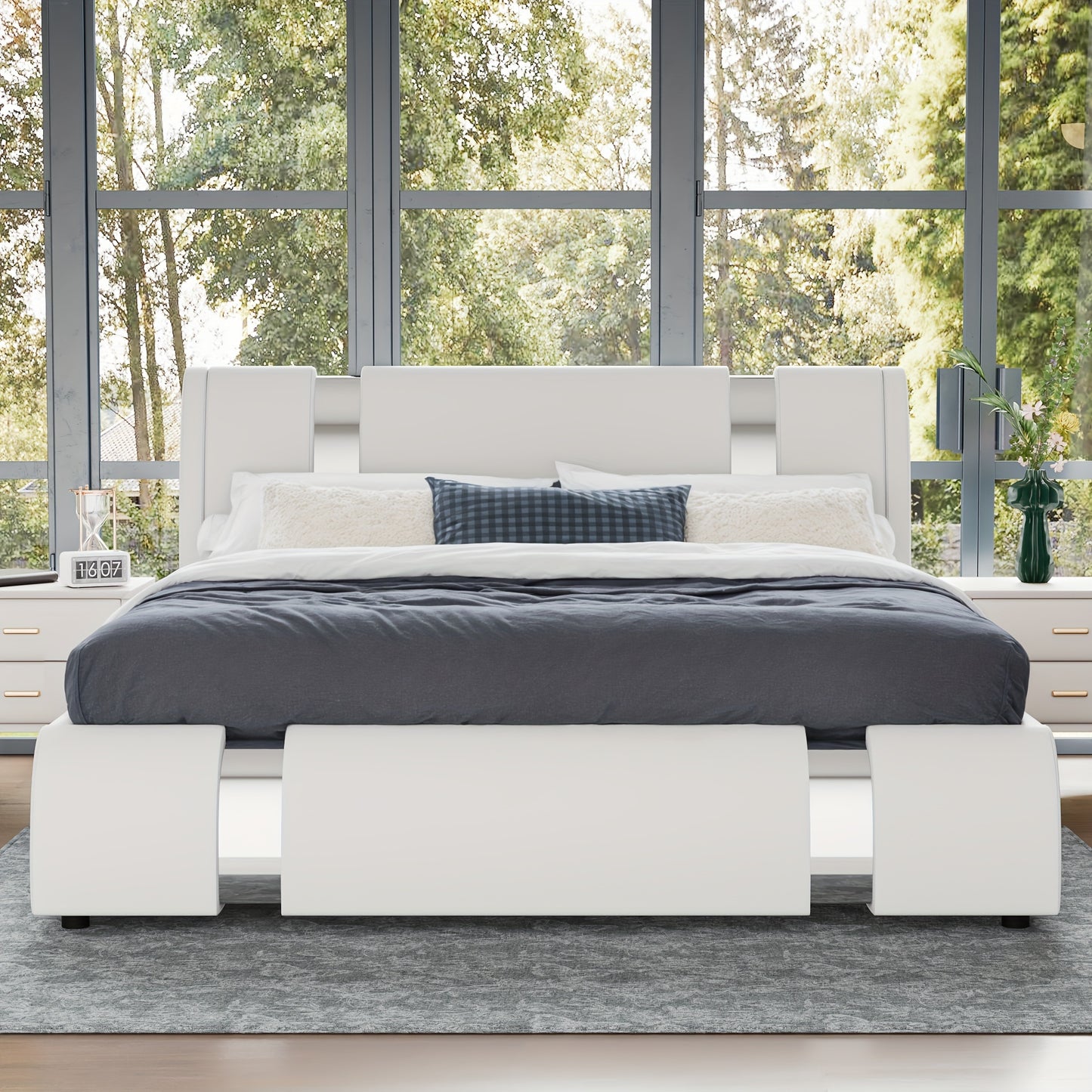 WEEWAY Bed Frame With Modern Iron Pieces Decor, Faux Leather Platform Bed With Curved Adjustable Headboard, Wood Slat Support, No Box Spring Required