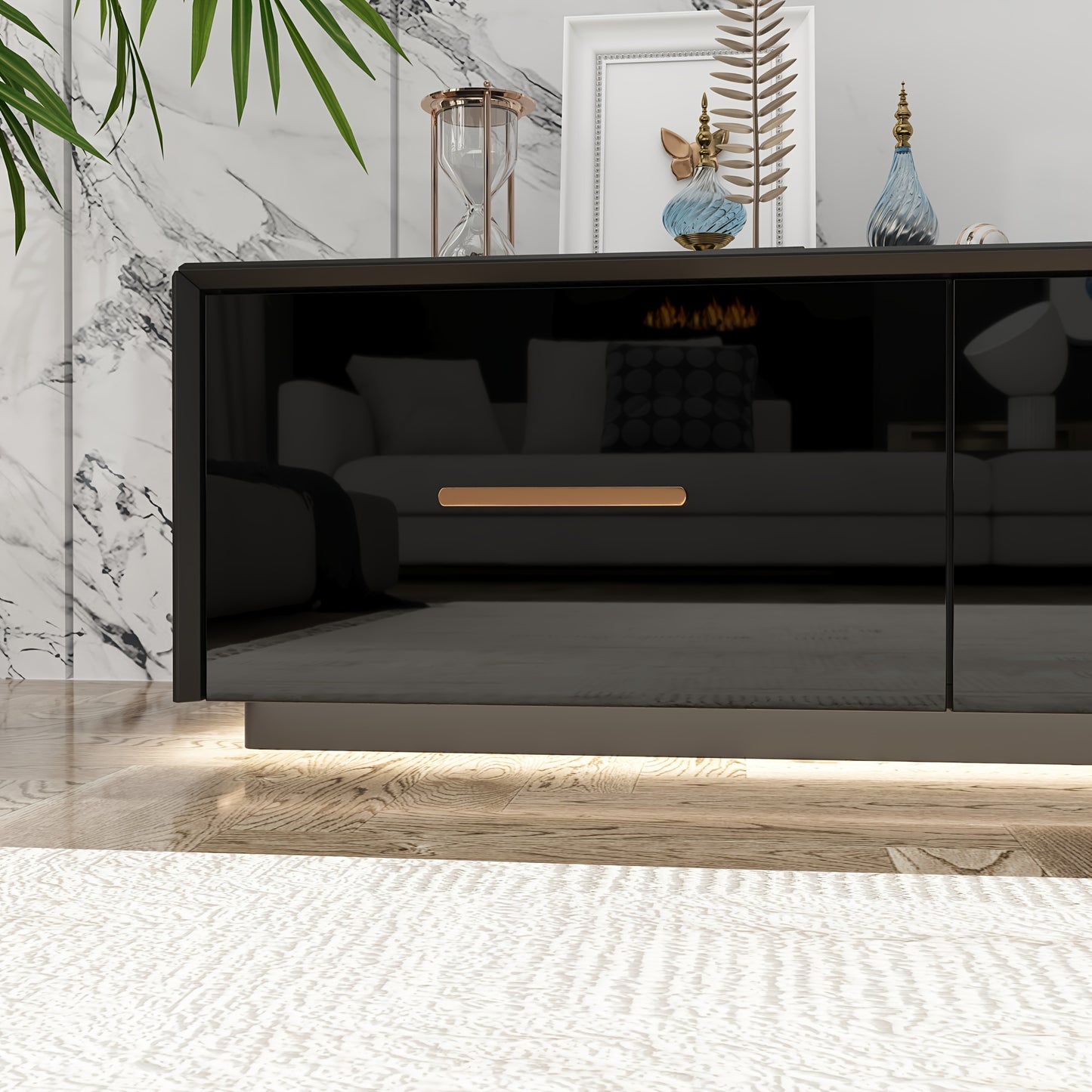 Modern High Gloss TV Stand, Floor Standing TV Cabinet, Gaming And Entertainment Center Console Table, with 4 Drawers And LED Lights, Stylish Design, Black