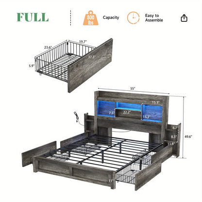 PAPABABE Bed Frame Featuring a 49.6-Inch Bookcase Headboard, Four Drawers, And Two Removable Storage Racks - a Farmhouse-Style Wooden Bed Frame Equipped with RGB LED Lights And a Charging Station, No Box Spring Required.