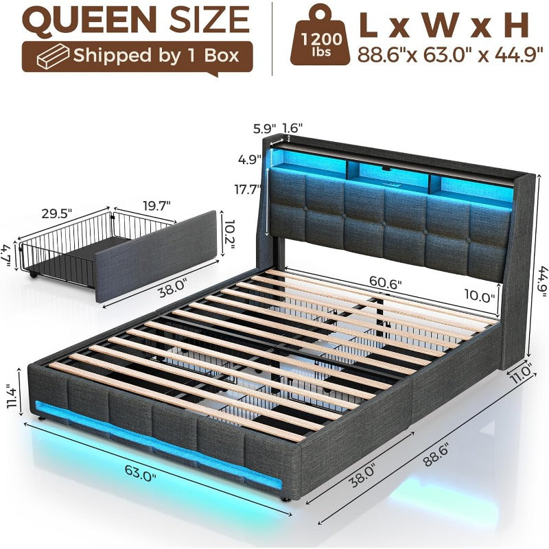 Twin Full Queen Bed Frame with LED Lighting, Built-in Charging Station, have RemotePU Leather/neutral-toned linen fabric Storage Headboard & Drawers,Heavy Duty Wood Slats, Quick & Easy Assembly - Perfect for Bedroom Furniture