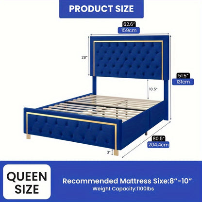 IndustraGear Queen Size Bed Frame with 51. 52Inch Tall Button Tufted Headboard, Velvet Upholstered Platform Bed Frame with Golden Trim, Modern Bed Frame/ No Box Spring Required/ Blue
