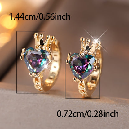 Women's Boho-Chic Crown & Multicolor Heart Hoop Earrings with Cubic Synthetic Zirconia - KC Copper Crown & Hearts, Wedding & Valentine's Day Gift, Year-Round Elegant Bohemian Suitable for Weddings, Parties, Casual Attire