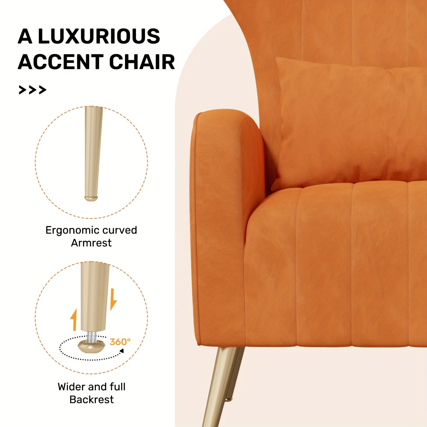 Modern Velvet Accent Chair with Metal Legs and Head Support – Cozy Mid-Century Reading Armchair, Includes Cushion and Footrest, Available in Gray/Yellow/Black