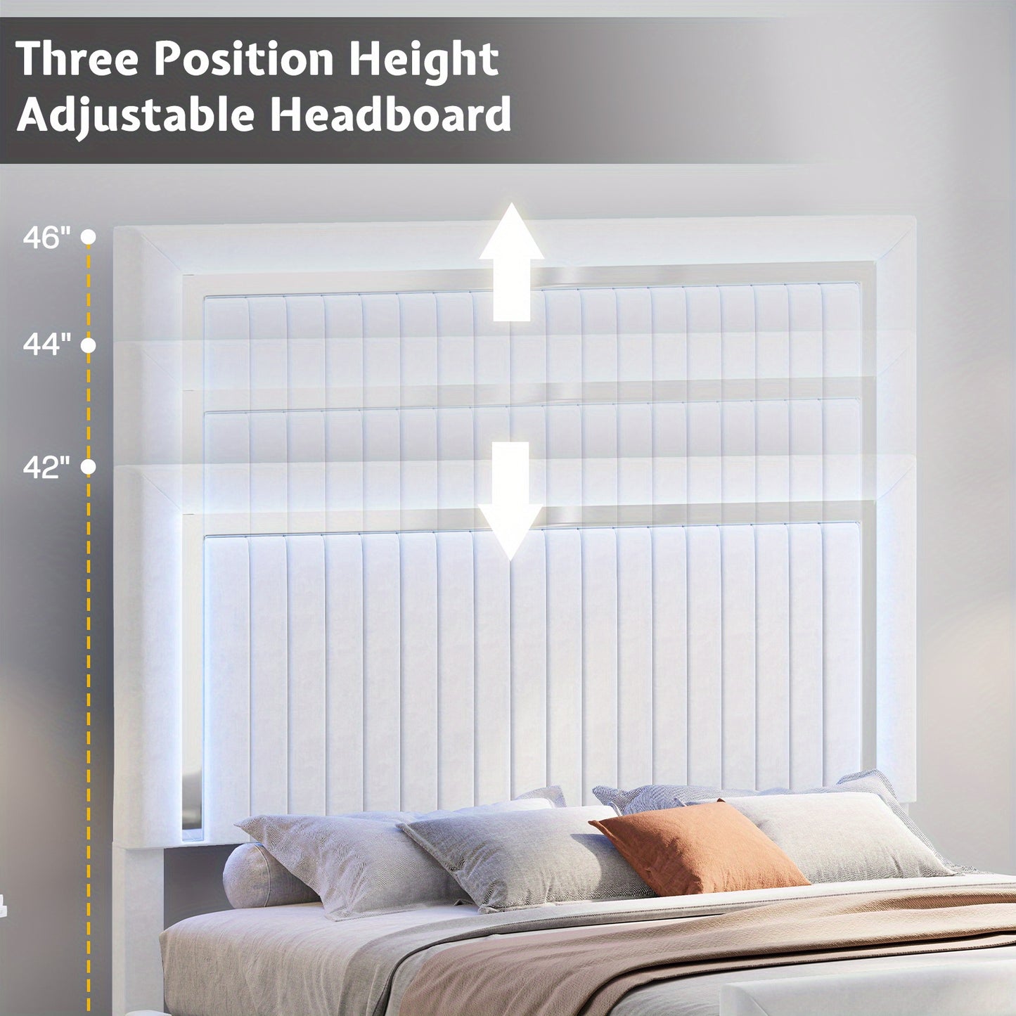 Queen/King Upholstered Platform Bed with LED Lights - 4 Storage Drawers& Adjustable Channeled Headboard, No Box Spring