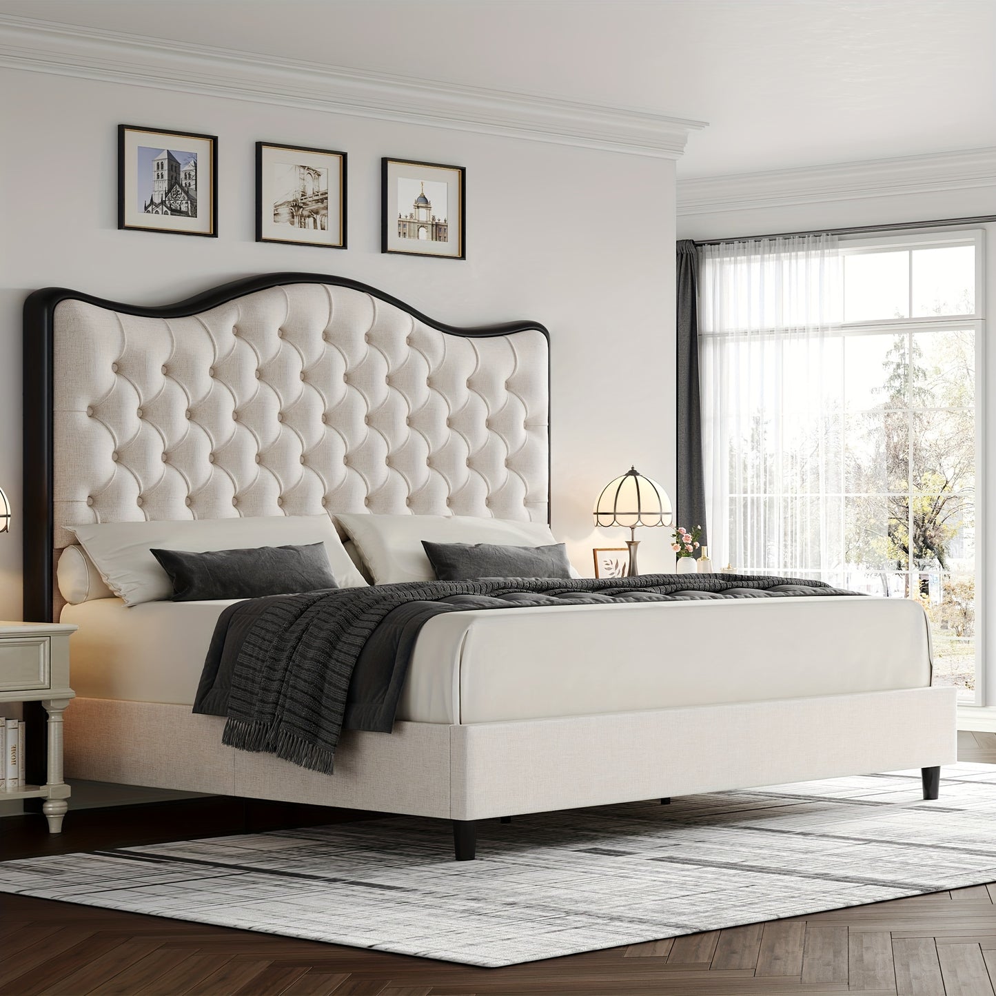 FULTRU Queen/King Size Bed Frame, 55" Tall Platform Bed with Curved Headboard, Velvet/Leather Upholstered Bed with Deep Tufted Button, Handmade Pleats, Gold/Black Metal Frame, Wooden Slats Support, No Box Spring Needed
