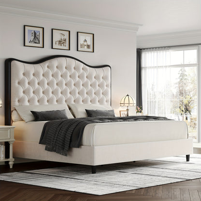FULTRU Queen/King Size Bed Frame, 55" Tall Platform Bed with Curved Headboard, Velvet/Leather Upholstered Bed with Deep Tufted Button, Handmade Pleats, Gold/Black Metal Frame, Wooden Slats Support, No Box Spring Needed