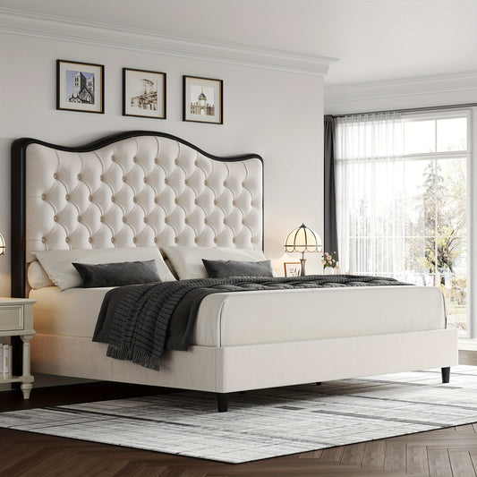 FULTRU Queen/King Size Bed Frame, 55" Tall Platform Bed with Curved Headboard, Velvet/Leather Upholstered Bed with Deep Tufted Button, Handmade Pleats, Gold/Black Metal Frame, Wooden Slats Support, No Box Spring Needed