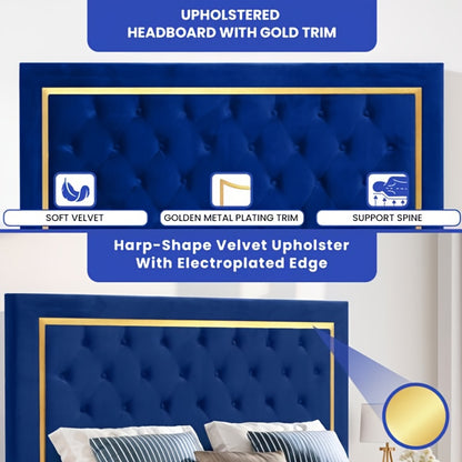 IndustraGear Queen Size Bed Frame with 51. 52Inch Tall Button Tufted Headboard, Velvet Upholstered Platform Bed Frame with Golden Trim, Modern Bed Frame/ No Box Spring Required/ Blue