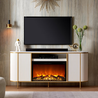 [Luxury Living] Luxury 70" Fluted Fireplace TV Stand, Modern Chic Entertainment Center for TVs Up to 80", White with Golden Accents, Faux Marble Top, Curved Design, Media Console for Living Room, Media Storage Unit | Sophisti