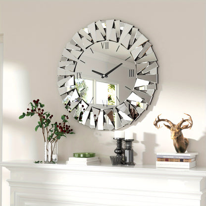 32 Inch Modern Decorative Mirrored Wall Clock Round Wall-Mounted Mirror Wall Clock With Beveled Glass Edge