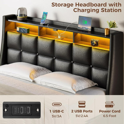 Twin Full Queen Bed Frame with LED Lighting, Built-in Charging Station, have RemotePU Leather/neutral-toned linen fabric Storage Headboard & Drawers,Heavy Duty Wood Slats, Quick & Easy Assembly - Perfect for Bedroom Furniture