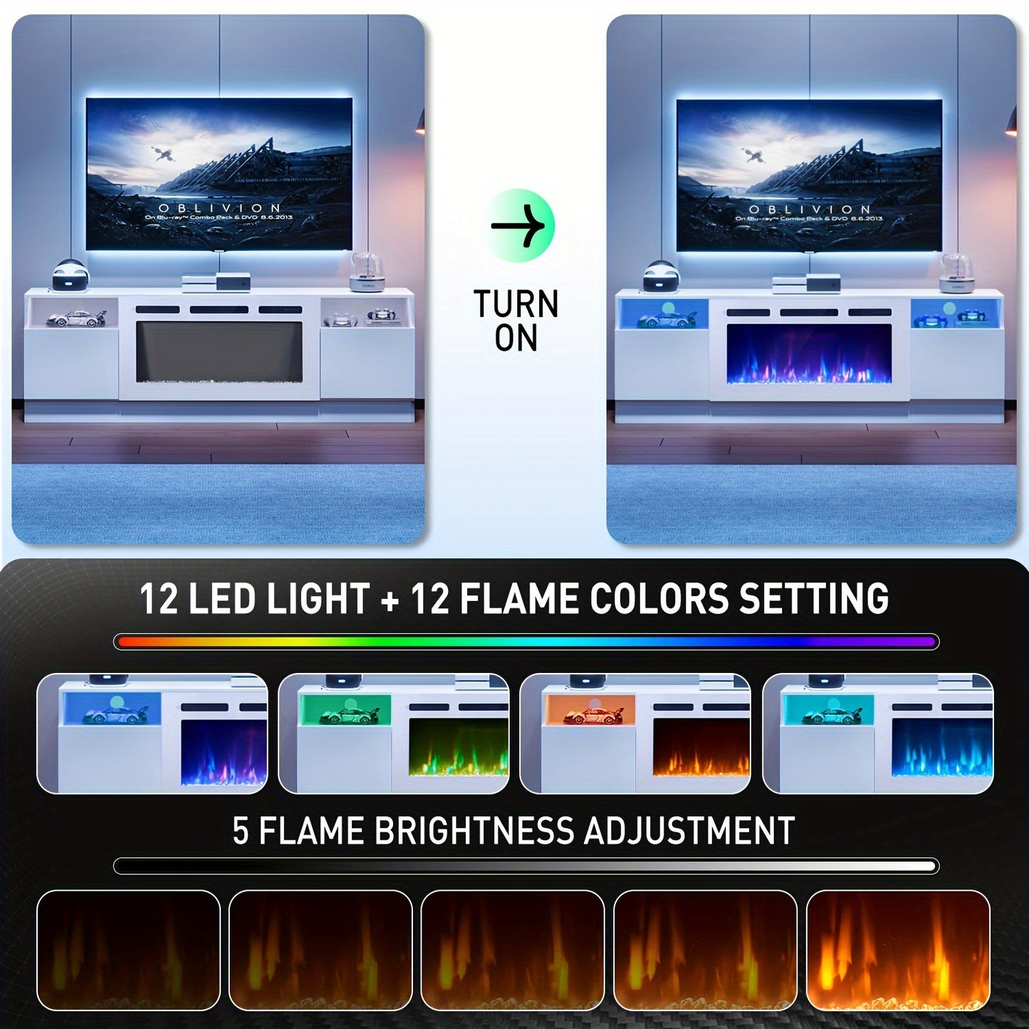 Fireplace TV Stand With 36" Electric Fireplace, Modern Electric Fireplace Entertainment Center With LED Lights For TVs Up To 80", 2 Tier TV Console Cabinet For Living Room, White