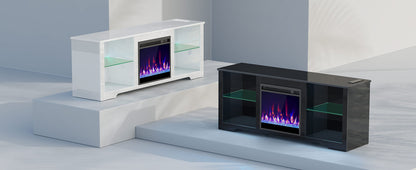 Fireplace TV Stand with Led Lights and Power Outlets, TV Stand for 45 50 55 60 65 inch TVs, Entertainment Center with Electric Fireplace, Modern TV Console with Glass Shelves