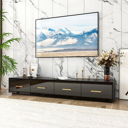 Modern High Gloss TV Stand, Floor Standing TV Cabinet, Gaming And Entertainment Center Console Table, with 4 Drawers And LED Lights, Stylish Design, Black