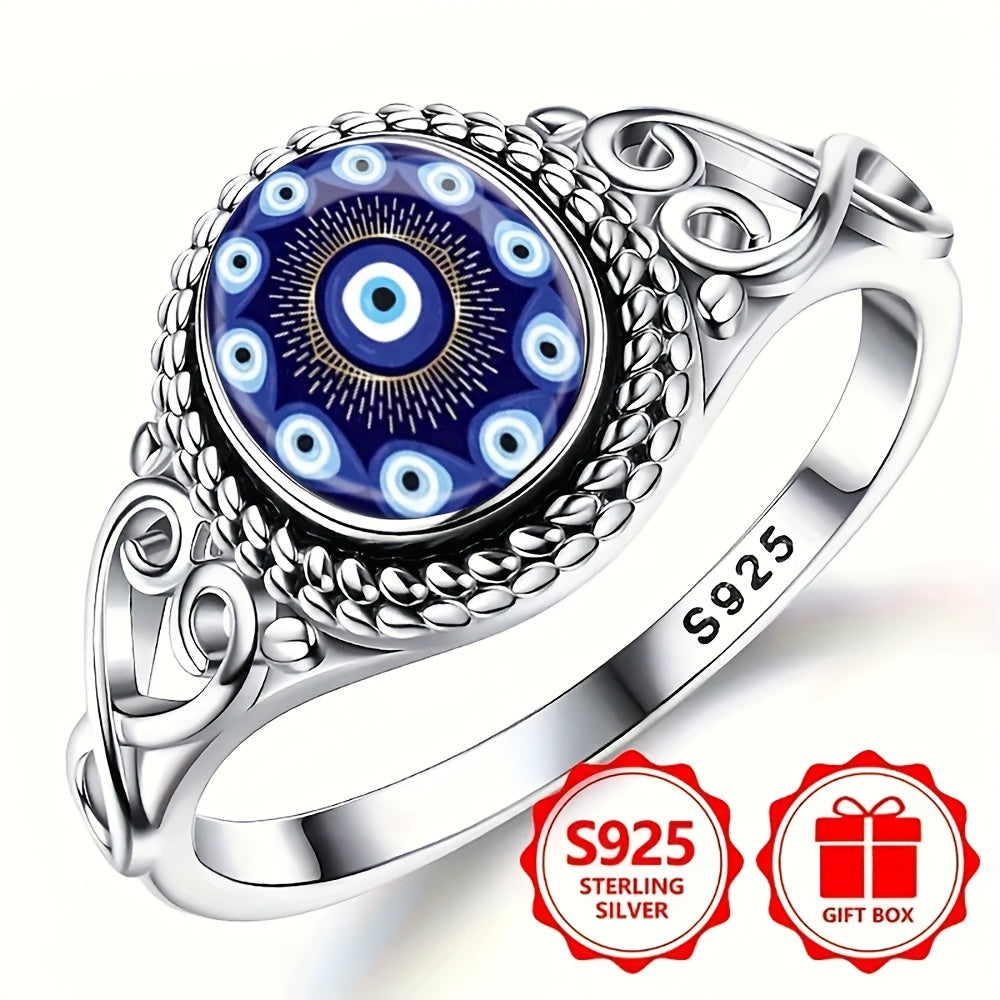 Bohemian Blue Eye Amulet Ring - 925 Silvery-Tone Metal Jewelry with Intricate Beadwork, Protection & Blessing Design for Engagement, Wedding, For Teenager