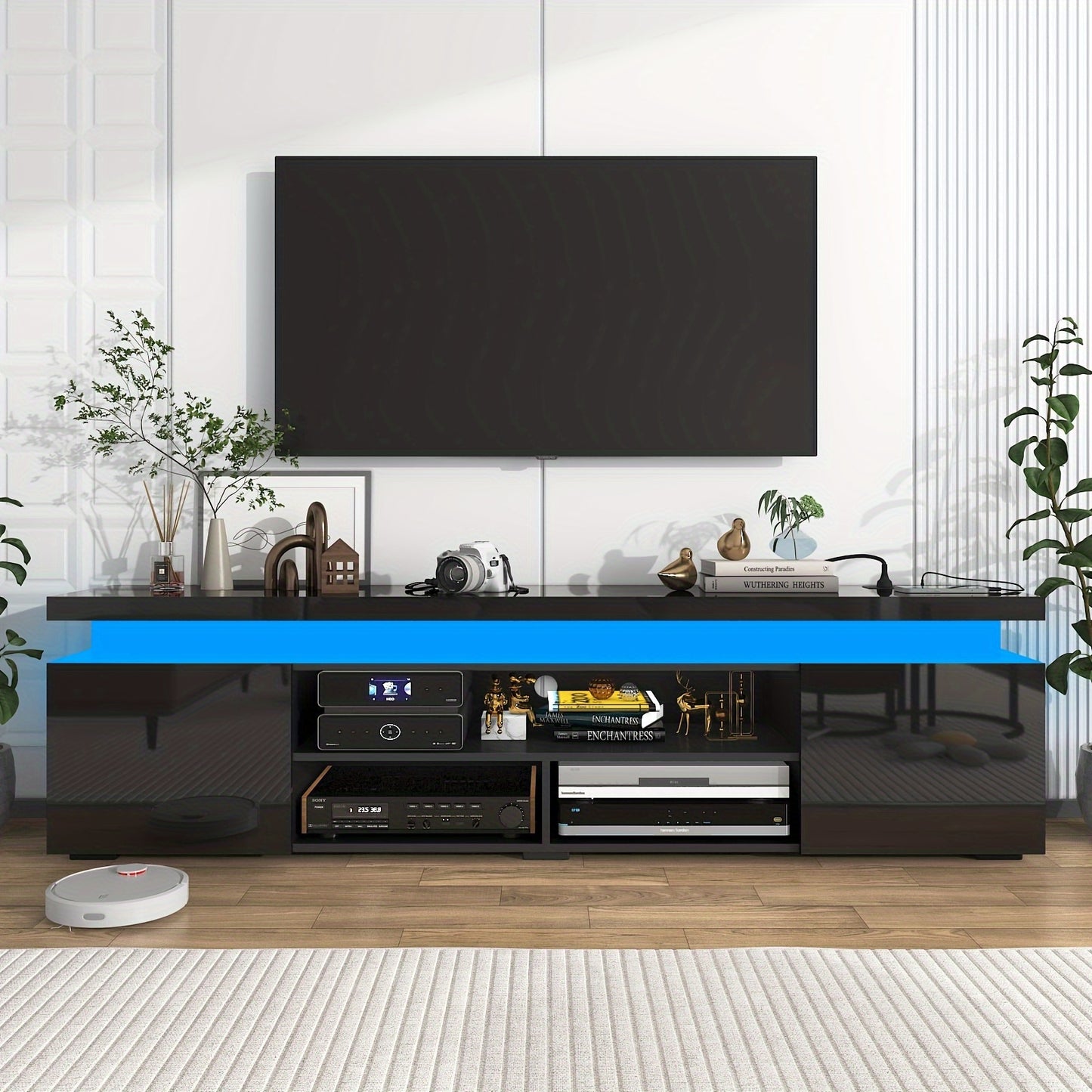 LED TV Stand For 85 Inch TV, Modern Gaming TV Stand With Power Outlet, High Gloss TV Console Entertainment Center With Storage And LED Lights For Living Room, Bedroom