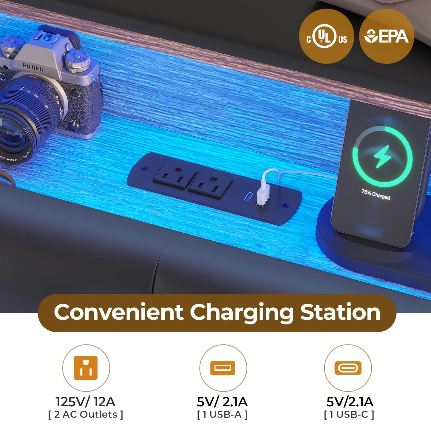 King Size Floating Bed Frame with LED Lighting and Tufted Upholstered Headboard, Hidden Storage, Plug Powered, Metal Construction, Contemporary Style, No Box Spring Needed, US Plug, Black PU