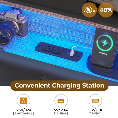 King Size Floating Bed Frame with LED Lighting and Tufted Upholstered Headboard, Hidden Storage, Plug Powered, Metal Construction, Contemporary Style, No Box Spring Needed, US Plug, Black PU