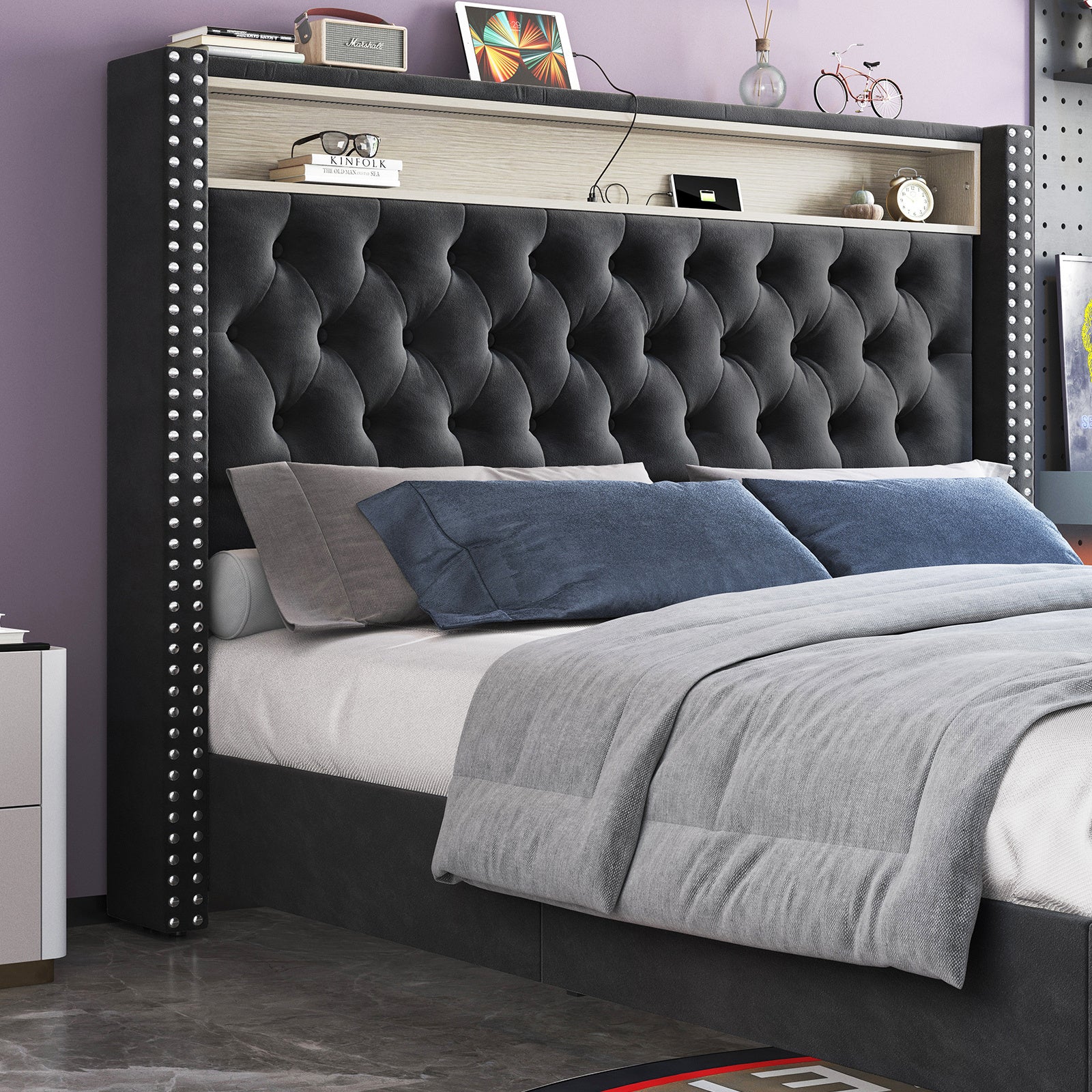 Albott Velvet Wingback Bed with 53.2 tall tufted black headboard, studded sides, shelf, and LED USB charging.