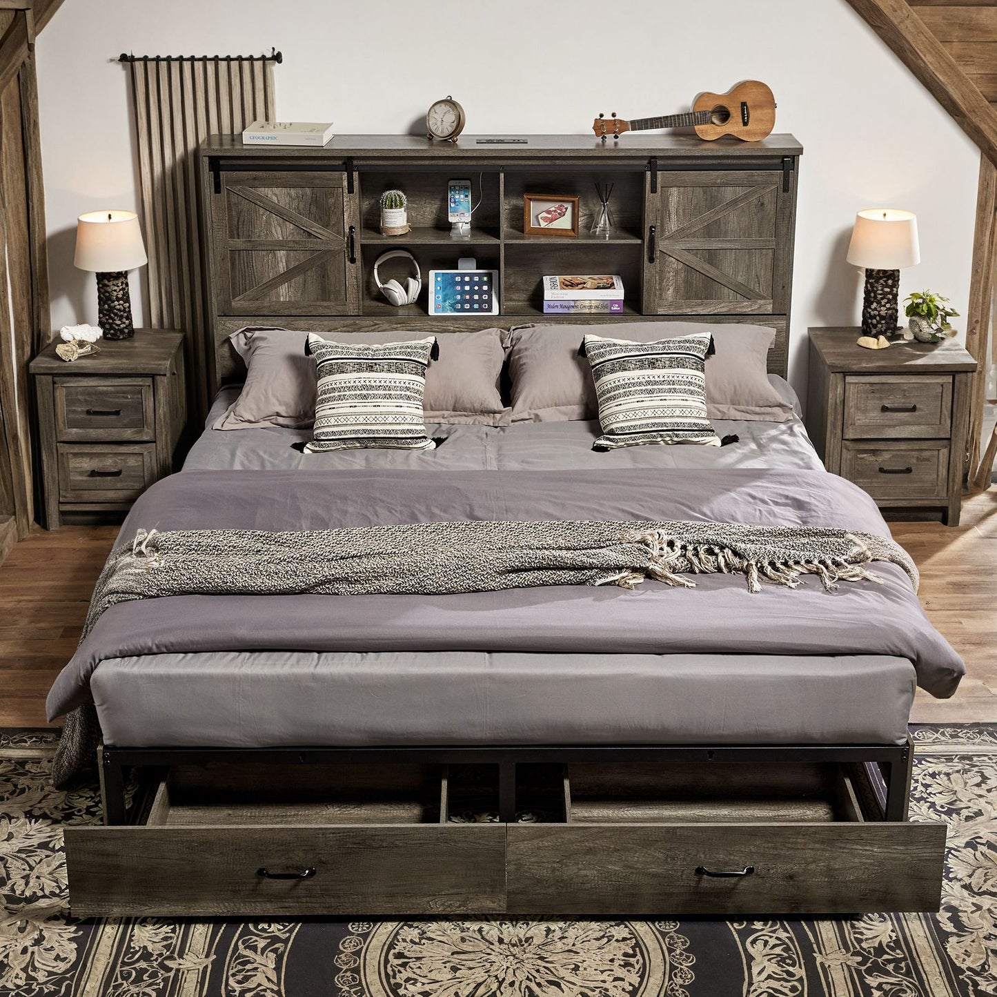 Farmhouse-Style Wooden Platform Bed Frame Boasting a 51.2" Bookcase Headboard, Integrated Storage with a Sliding Barn Door Charging Station and 2 Drawers - No Box Spring Required, Totally Noise-Free