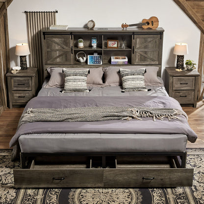 Farmhouse-Style Wooden Platform Bed Frame Boasting a 51.2" Bookcase Headboard, Integrated Storage with a Sliding Barn Door Charging Station and 2 Drawers - No Box Spring Required, Totally Noise-Free