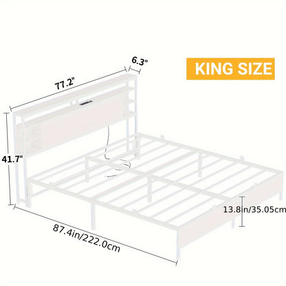 Unikito King Size Bed Frame With Storage Headboard, Power Socket And Smart LED Lights, Sturdy And Stable Platform Bed, Heavy Duty Metal Slats, Noise Free, No Box Spring Needed, Easy To Assemble, White