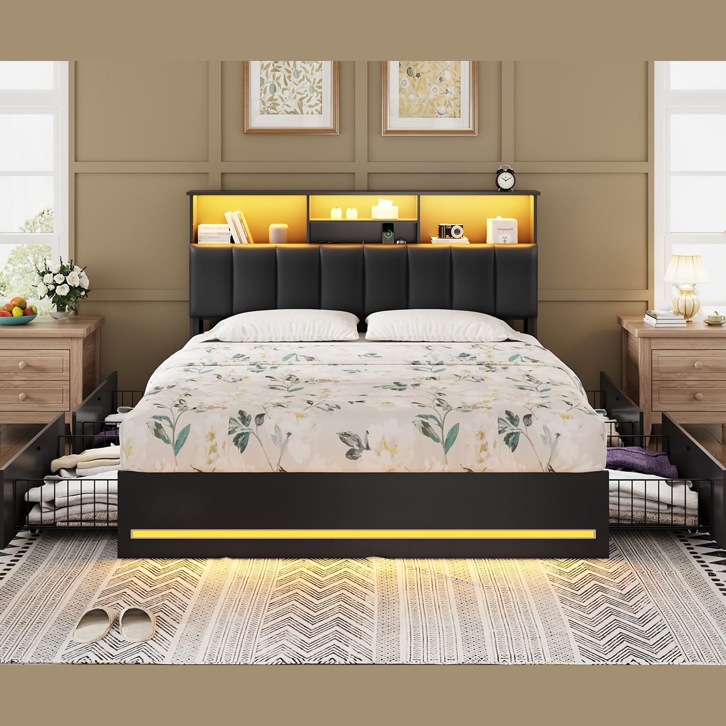 MSmask Queen Size LED Bed Frame with Storage Headboard, 4 Drawers & Bookcase - Contemporary Metal Design, RGB Lighting, Built-in Charging Station, Ideal for Modern Bedrooms