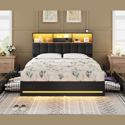 MSmask Queen Size LED Bed Frame with Storage Headboard, 4 Drawers & Bookcase - Contemporary Metal Design, RGB Lighting, Built-in Charging Station, Ideal for Modern Bedrooms