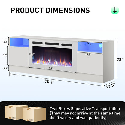 Fireplace TV Stand With 36" Electric Fireplace, Modern Electric Fireplace Entertainment Center With LED Lights For TVs Up To 80", 2 Tier TV Console Cabinet For Living Room, White