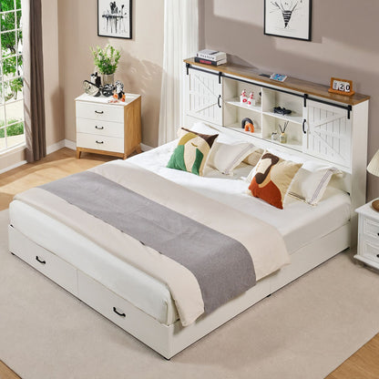 Farmhouse-Style Wooden Platform Bed Frame Boasting a 51.2" Bookcase Headboard, Integrated Storage with a Sliding Barn Door Charging Station and 2 Drawers - No Box Spring Required, Totally Noise-Free