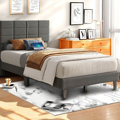 Twin/Full/Queen/King Size Platform Bed Frame with Fabric Upholstered Headboard and Wooden Slats Support, Leather Upholstered Headboard, and Built-in Charging Station, Upholstered Mattress Foundation/No Box Spring Needed/Easy