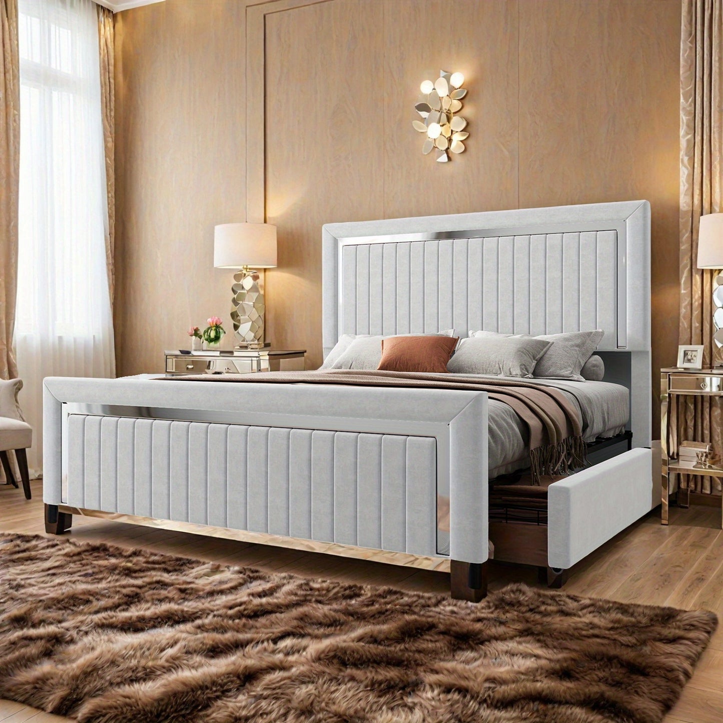 Queen/King Upholstered Platform Bed with LED Lights - 4 Storage Drawers& Adjustable Channeled Headboard, No Box Spring