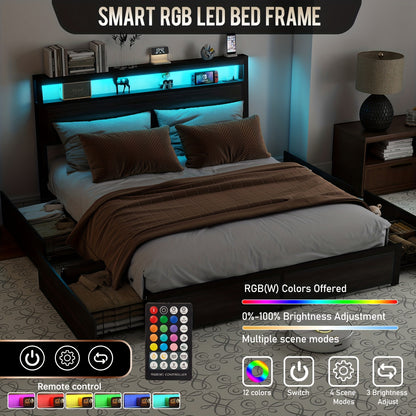 Bed Frame Available in Full, Queen, And King Sizes Featuring LED Lights And a Charging Station. This Metal Platform Bed Includes a Two-Tier Wooden Storage Headboard And Four Storage Drawers. It Operates Quietly, Does Not Requ