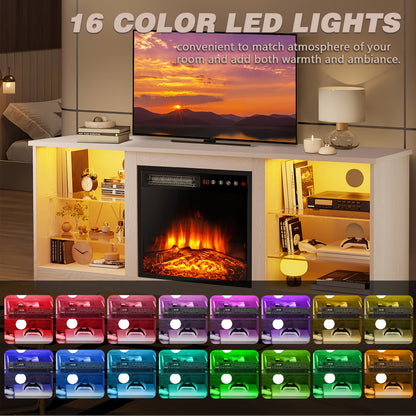 OFIKA 58 Inches Fireplace TV Stand for TVs up to 65 Inches Console with 18'' Electric Fireplace & Remote, Wooden Modern Entertainment Center for Living Room with LED Light Glass Shelves