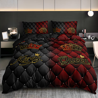 2/3pcs King and Queen Luxury Dark Red and Golden Crown Duvet Cover Set, 1 Duvet Cover + 1/2 Pillowcases (No Insert), All-Season Home and Dormitory High-Definition Print