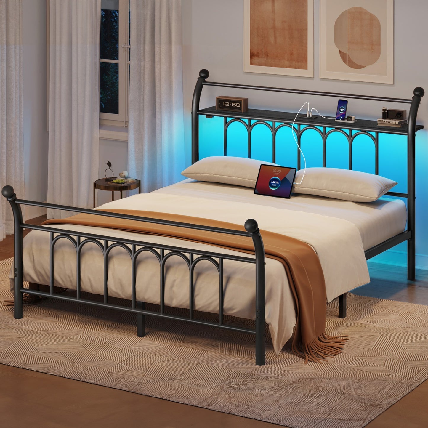 Classic Metal Platform Bed Frame with Victorian Style Iron-Art Headboard/Footboard/Under Bed Storage/No Box Spring Needed