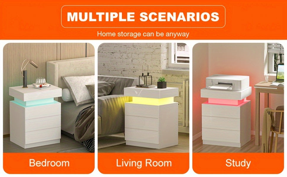 Nightstand with LED Lights, 3 Drawers and 1 Flapping Top Storage Box, White Night Stand for Bedroom, Modern Tall Bedside Table with High Gloss Panel, Glacier White, Darknight Black