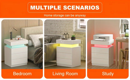 Nightstand with LED Lights, 3 Drawers and 1 Flapping Top Storage Box, White Night Stand for Bedroom, Modern Tall Bedside Table with High Gloss Panel, Glacier White, Darknight Black