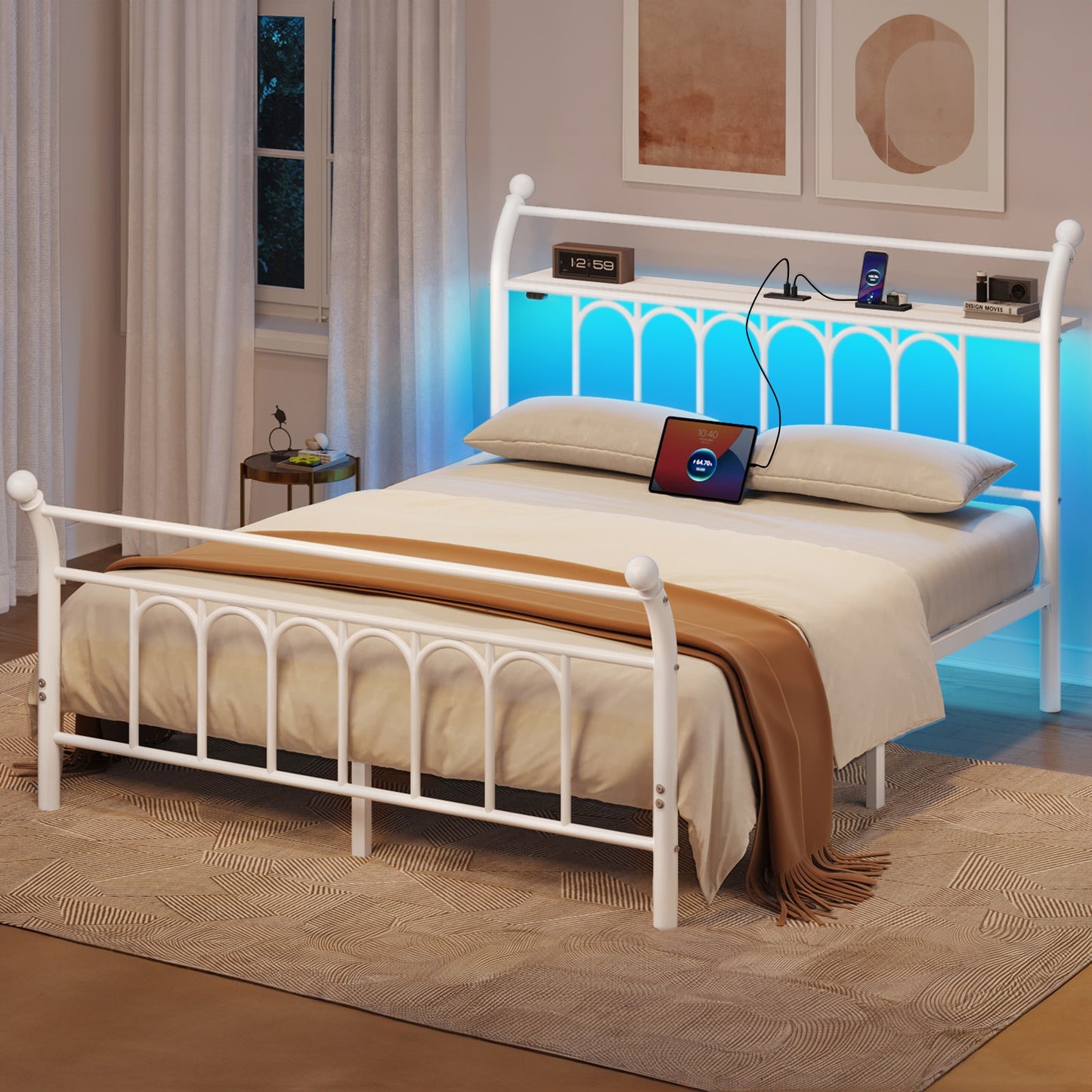 Classic Metal Platform Bed Frame with Victorian Style Iron-Art Headboard/Footboard/Under Bed Storage/No Box Spring Needed