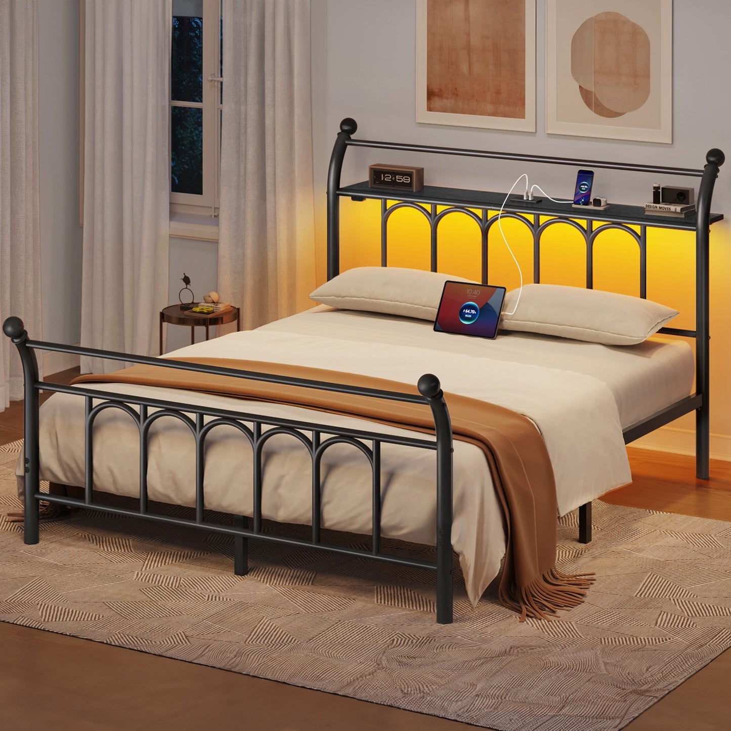 Classic Metal Platform Bed Frame with Victorian Style Iron-Art Headboard/Footboard/Under Bed Storage/No Box Spring Needed