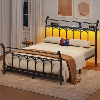 Classic Metal Platform Bed Frame with Victorian Style Iron-Art Headboard/Footboard/Under Bed Storage/No Box Spring Needed