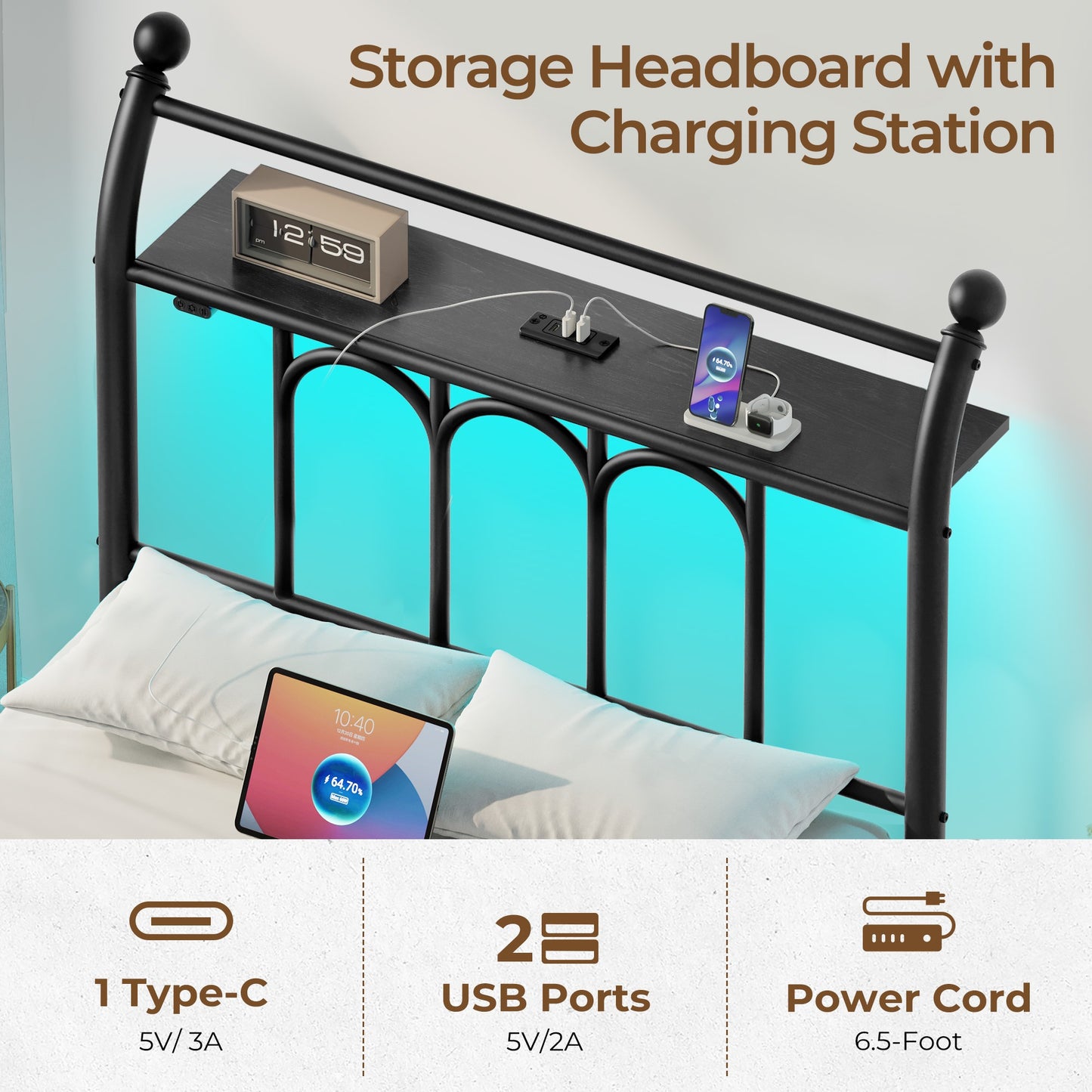 Classic Metal Platform Bed Frame with Victorian Style Iron-Art Headboard/Footboard/Under Bed Storage/No Box Spring Needed