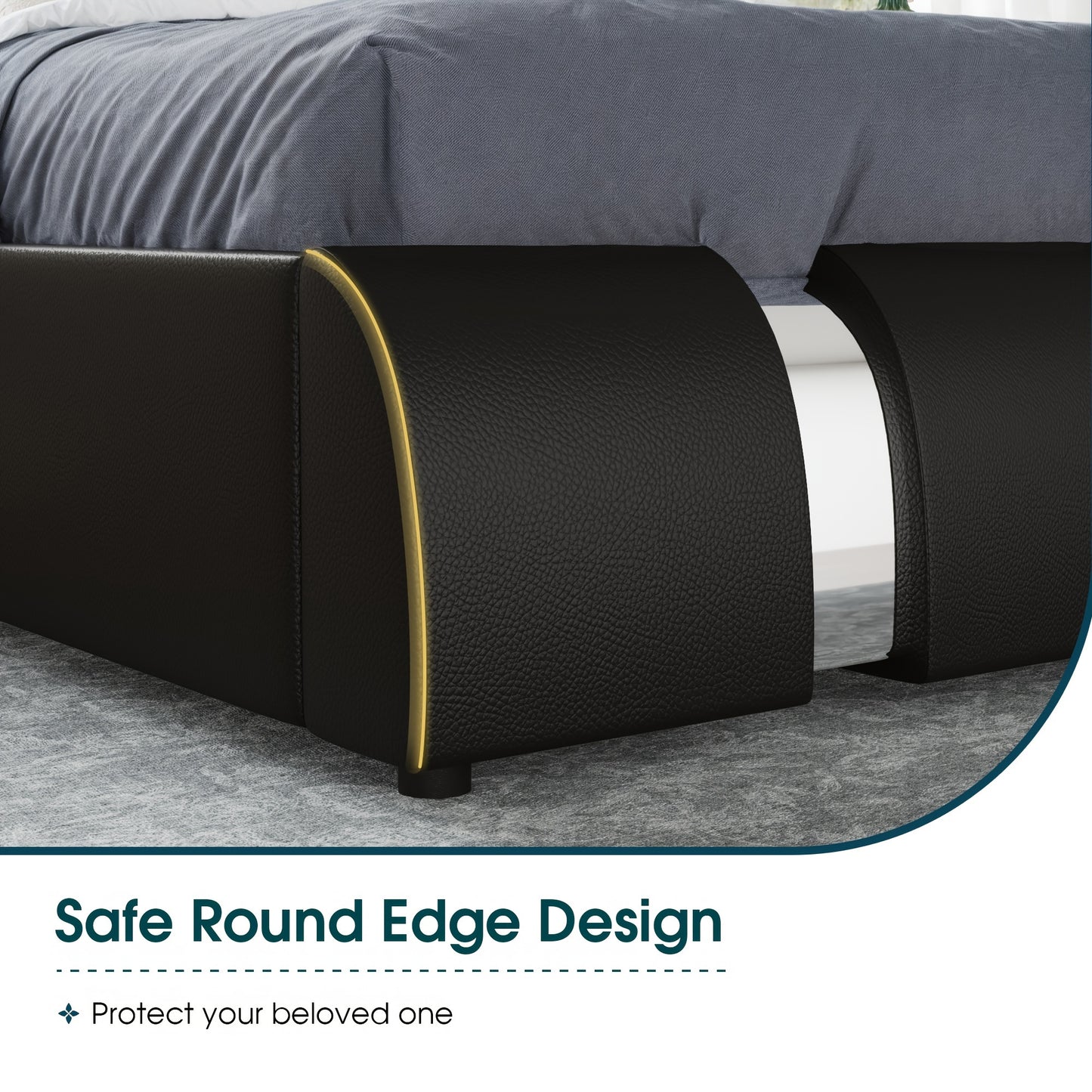 WEEWAY Bed Frame With Modern Iron Pieces Decor, Faux Leather Platform Bed With Curved Adjustable Headboard, Wood Slat Support, No Box Spring Required