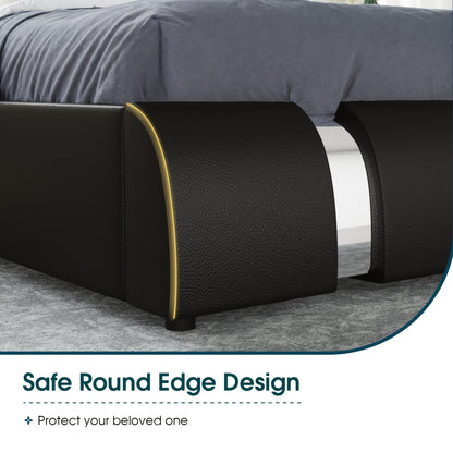 WEEWAY Bed Frame With Modern Iron Pieces Decor, Faux Leather Platform Bed With Curved Adjustable Headboard, Wood Slat Support, No Box Spring Required