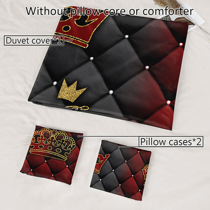 2/3pcs King and Queen Luxury Dark Red and Golden Crown Duvet Cover Set, 1 Duvet Cover + 1/2 Pillowcases (No Insert), All-Season Home and Dormitory High-Definition Print