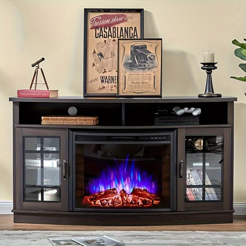 59-Inch Curved Fireplace TV Stand: Farmhouse Style Entertainment Center with 26'' Electric Fireplace, Glass Door Storage Cabinet, and Open Shelves, Fits TVs up to 65"